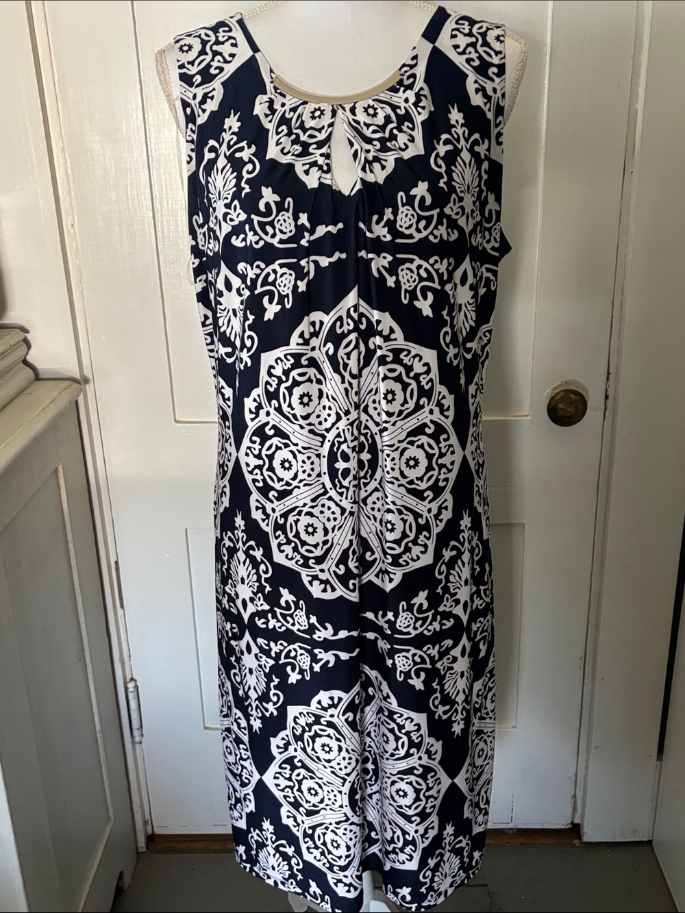 INC International Concepts Navy and White Sleeveless Medallion Midi Dress